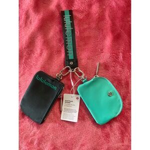 Lululemon Dual Pouch Wristlet Black Wild Mint Green Logo Strap